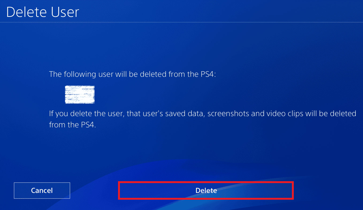 Delete to remove this user account from PS4. Fix Failed to connect to PlayStation network