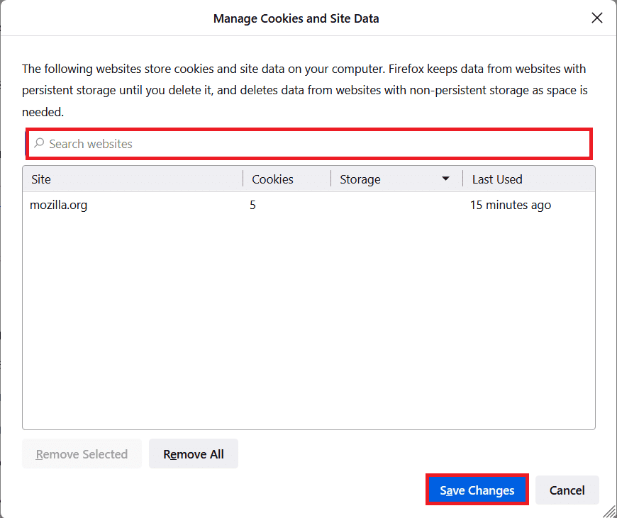 Type the site name in the Search websites field whose cookies you want to remove. Click Save Changes