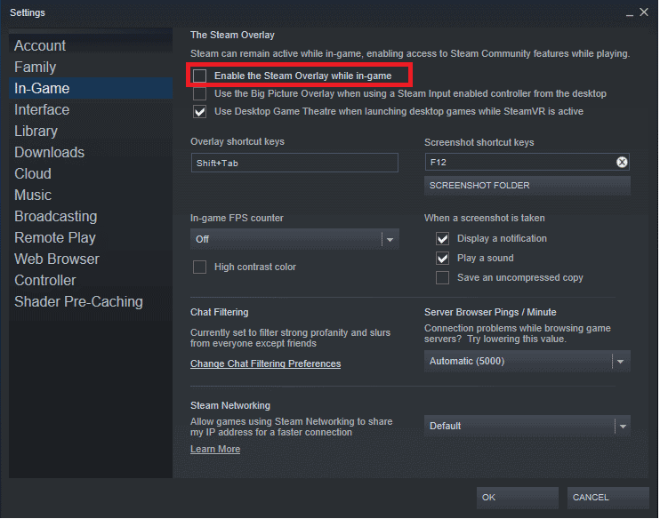 On the right pane, uncheck the box next to Enable the Steam Overlay while in game to disable the feature. 