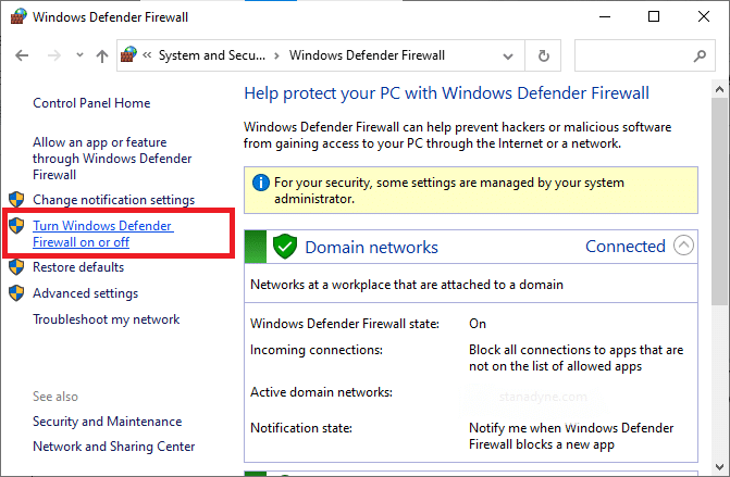 Now, select the Turn Windows Defender Firewall on or off option at the left menu. Fix Chrome Blocking Download Issue
