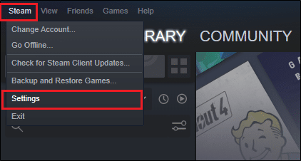 Now, select Settings from the drop-down list | How to Fix Steam Application Load Error 3:0000065432
