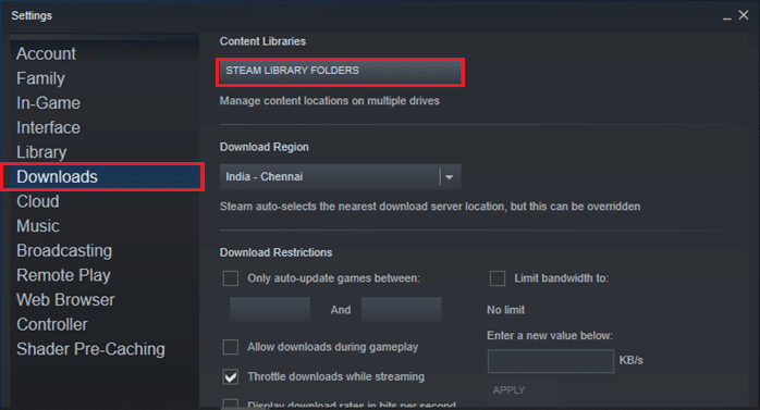 Now, click on Downloads from the left pane and select STEAM LIBRARY FOLDERS under Content Libraries. 