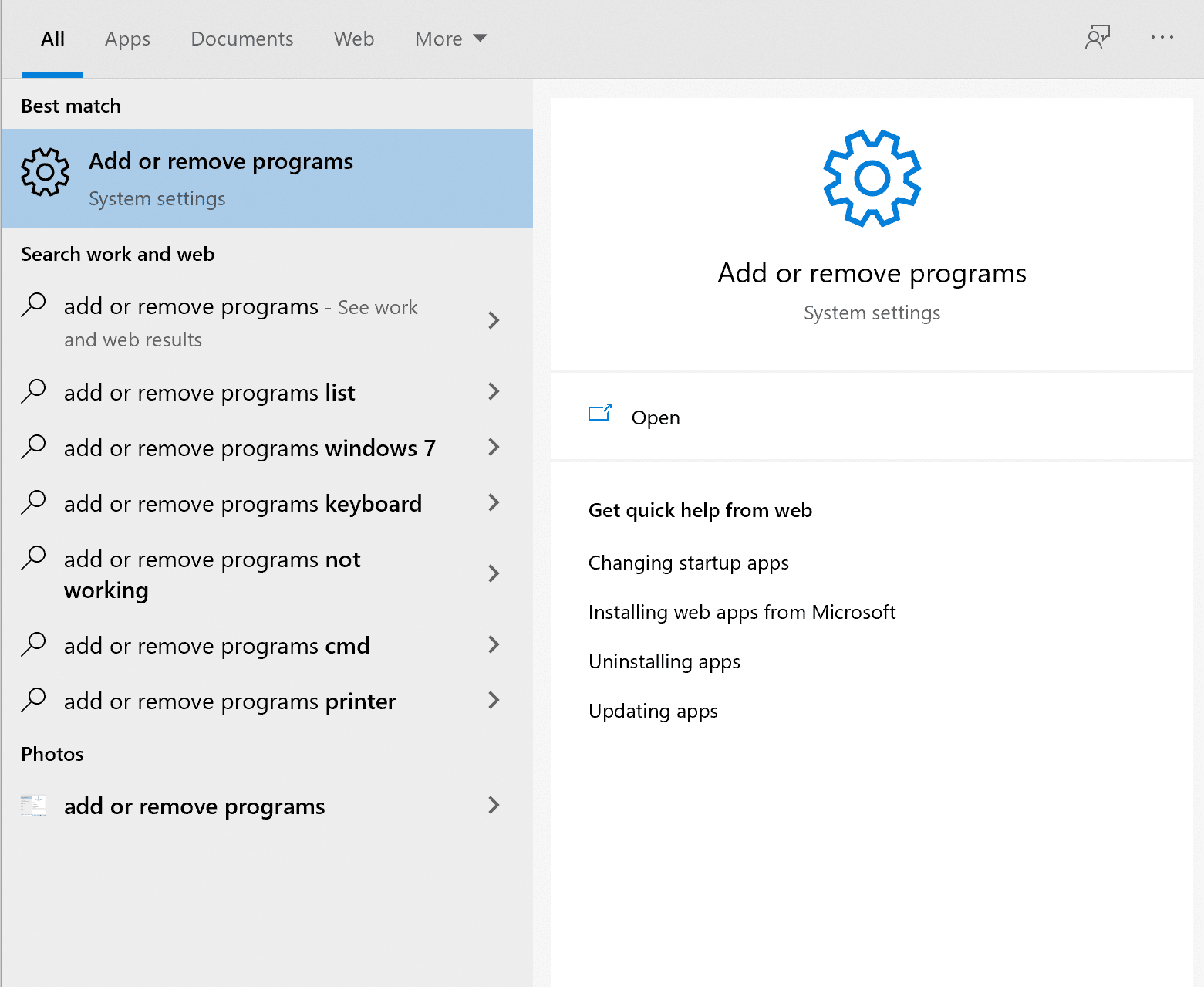 In the Windows search bar, Add or remove programs
