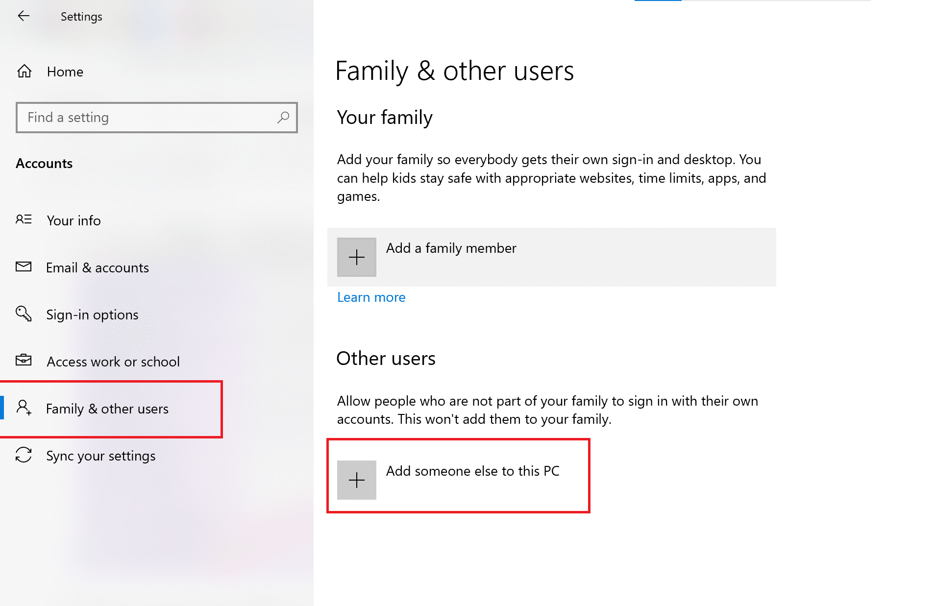 Click on Add someone else to this PC from the right side of the screen | Fix Microsoft Teams Keeps Restarting