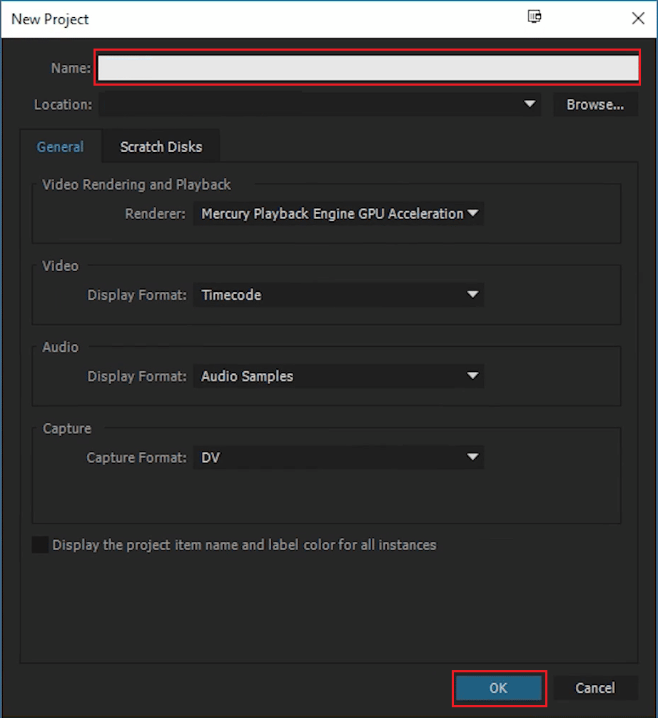 Name the project and click on OK. | Premiere Pro playback resolution greyed out