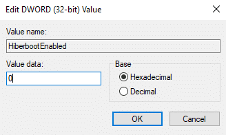 Change the value of the Value data field to 0, to turn off Fast startup