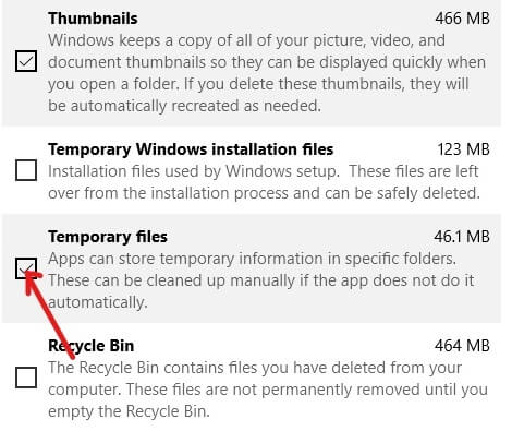 Check the checkbox next to Temporary files