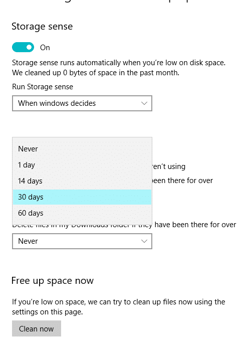 Choose the number of days by clicking on the drop down menu | Delete Temporary Files In Windows 10
