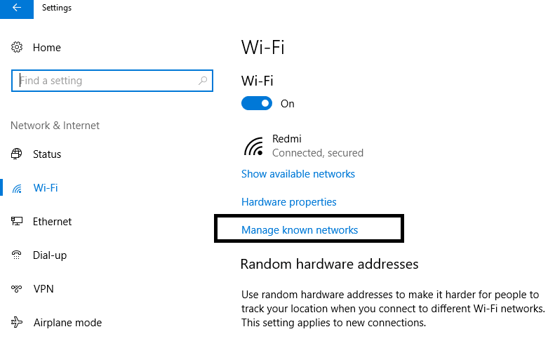 Choose the “Wi-Fi” and click the “Manage known networks” link