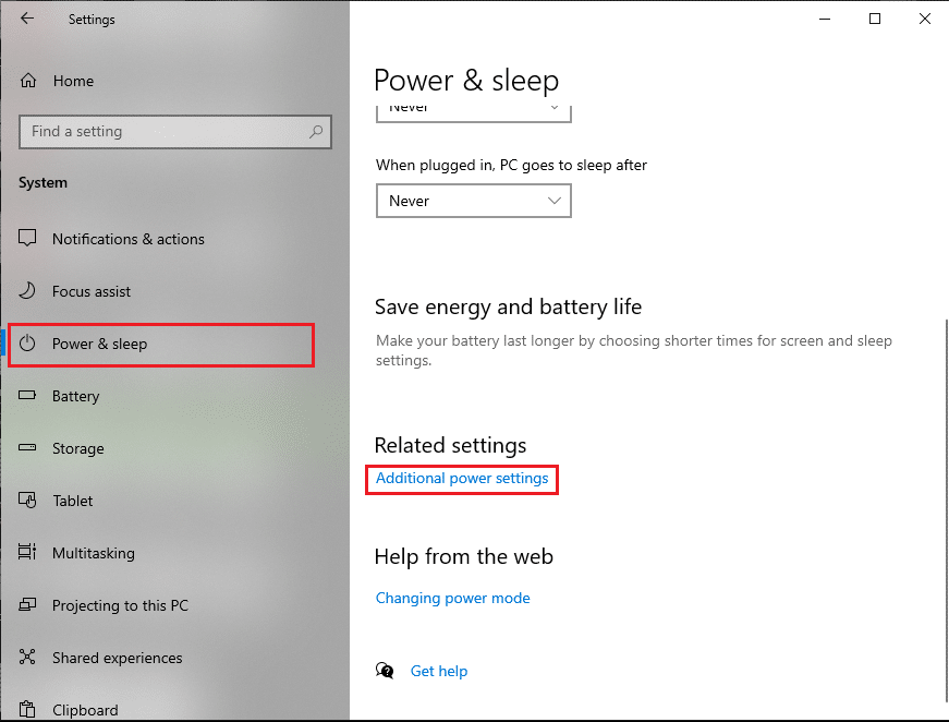Click Additional power settings under Related Settings on the right-hand side of the screen