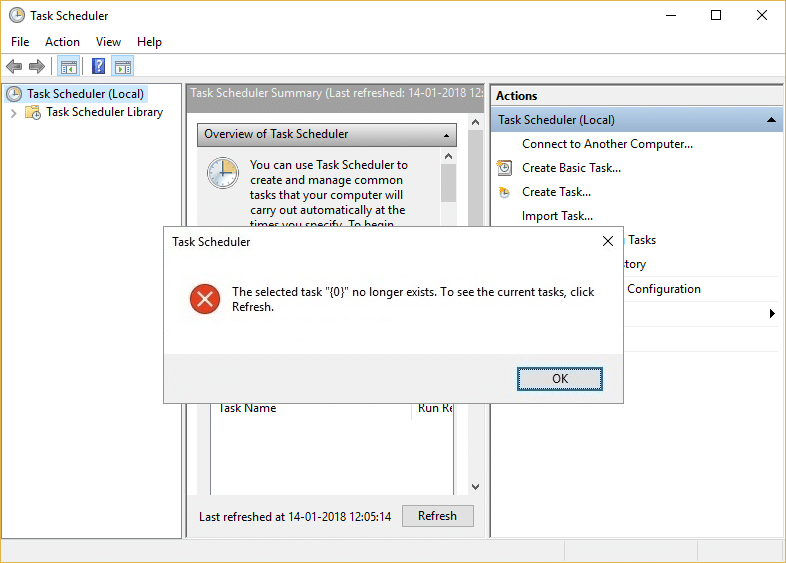 Click OK to Close The selected task {0} no longer exists error message