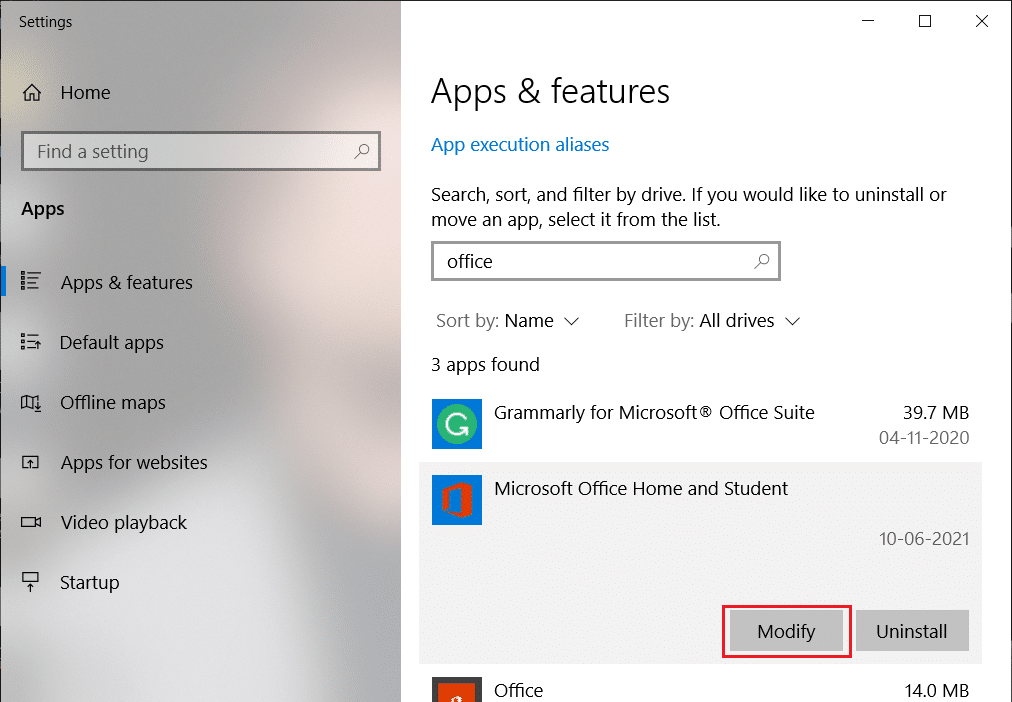 Click on Modify option under Microsoft Office