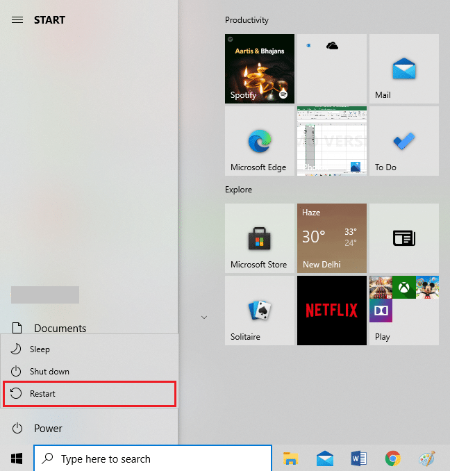 Click on Power, and select Restart | Fix Audio Stuttering in Windows 10