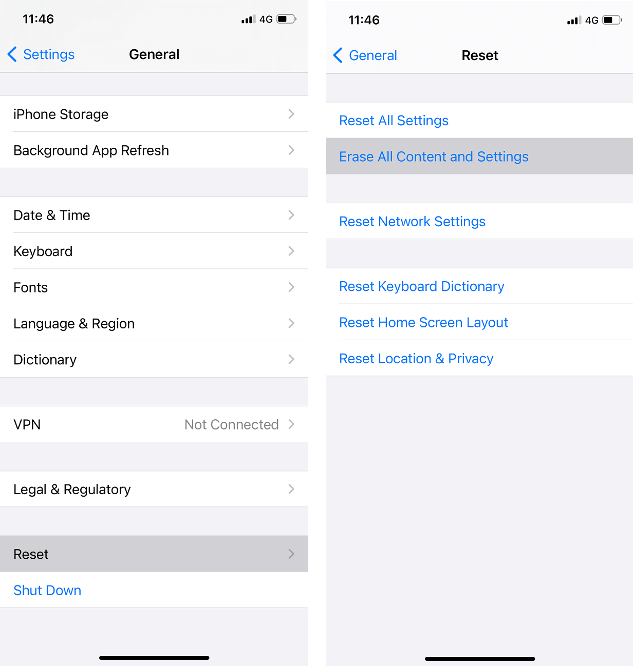 Click on Reset and then go for the Erase All Content and Settings option.my iPhone is frozen and won't turn off or reset