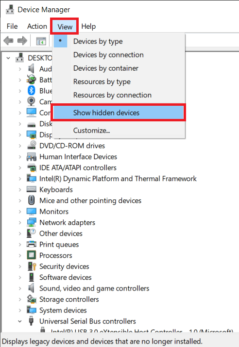 Click on View located in the top row of the window and select Show hidden devices