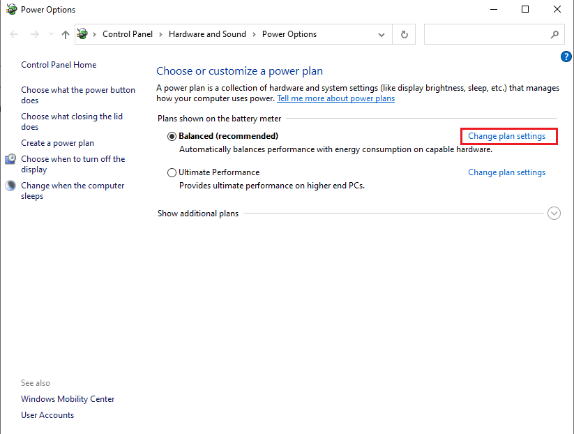 Click on the Change plan settings | Fix Audio Stuttering in Windows 10