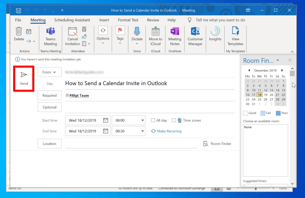 Click on the Send option on the left side of your screen | Send a Calendar Invite in Outlook