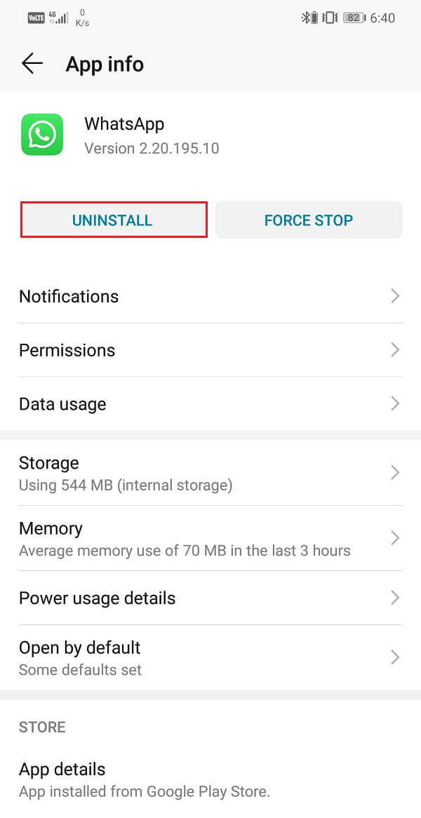 Click on the Uninstall button of whatsapp | Fix WhatsApp Call Not Ringing on Android