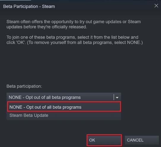 Click on the drop down list and select None- opt out of all beta programs | Fix Steam Workshop Not Downloading Mods