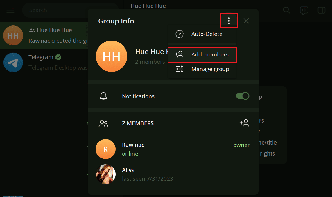 Click on the three vertical dots icon next to the Group Info and select Add members. 