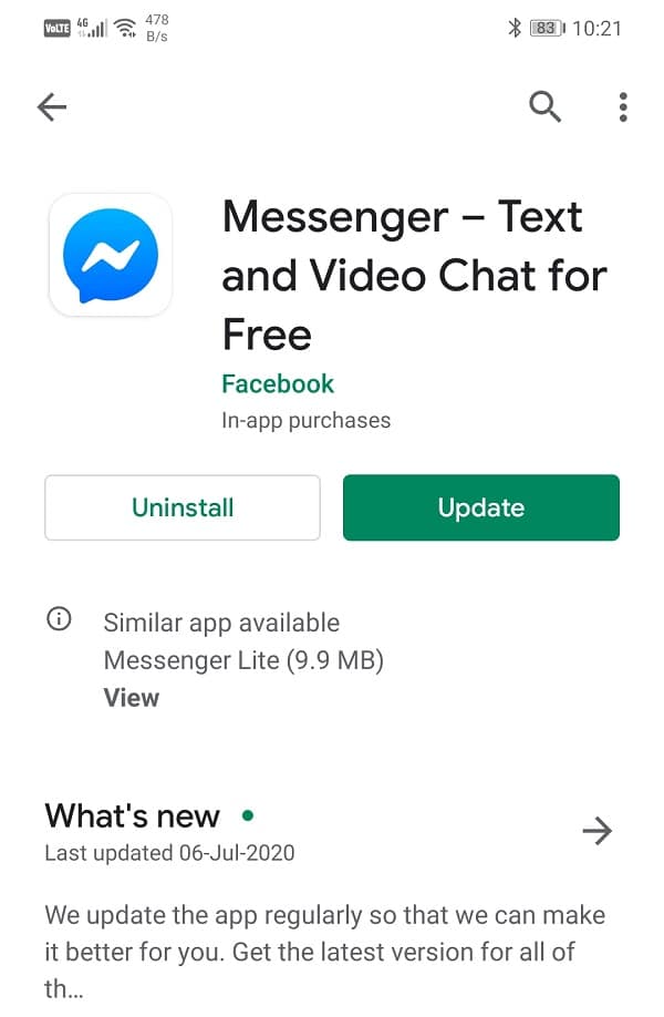 Click on the update button | Fix Facebook Messenger waiting for network error