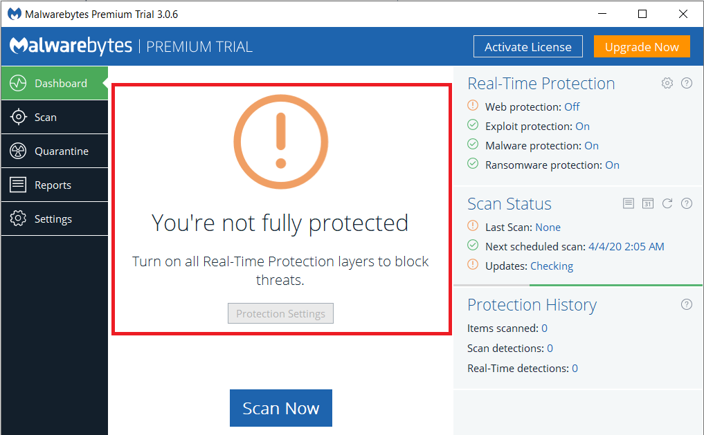 Conflict with another antivirus/antimalware software, and outdated application version