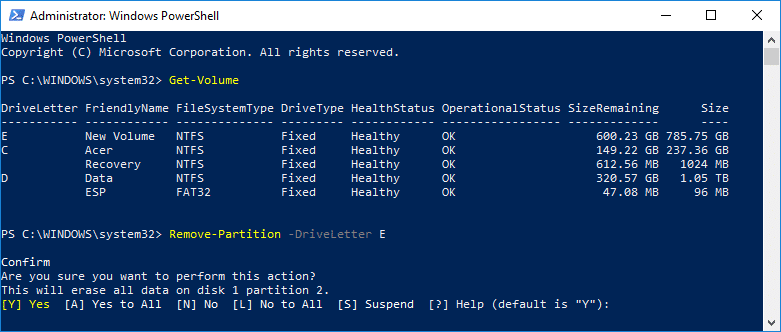 Delete a Volume or Drive Partition in PowerShell Remove-Partition -DriveLetter "drive_letter"