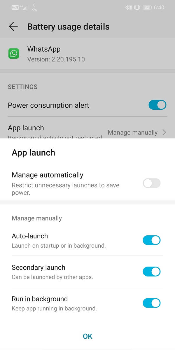 Disable the Manage Automatically setting and make sure to enable the toggle switches next to Auto-launch, Secondary launch, and Run in Background