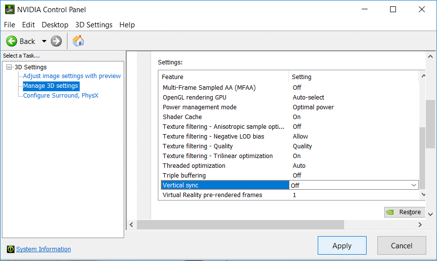 Disable Vertical Sync under Manage 3D Settings