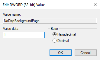 Double-click on NoDispBackgroundPage DWORD and change its value to