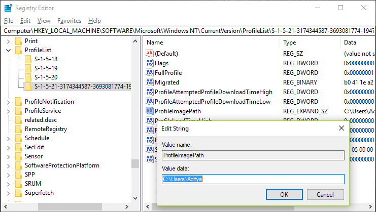 Double-click on ProfileImagePath string and change it's value to your username