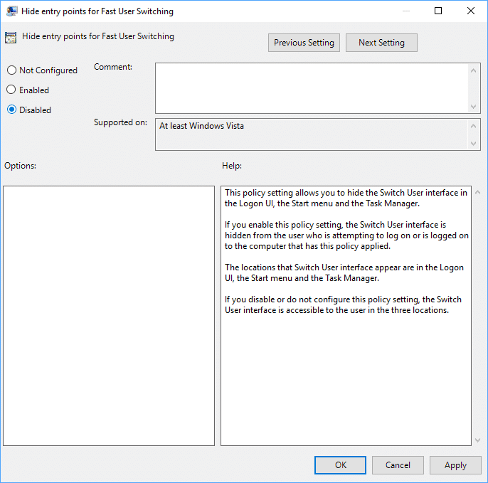 Enable Fast User Switching in Windows 10 using Group Policy Editor