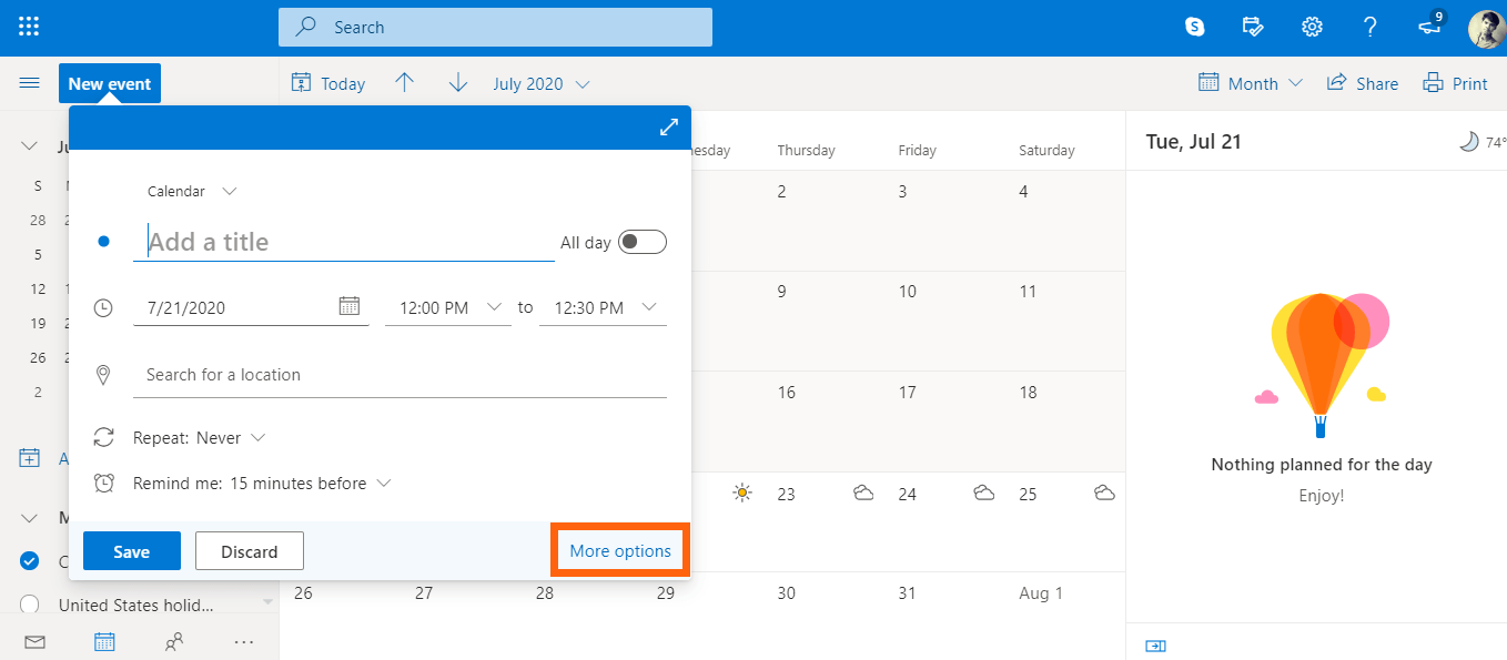 Fill out all relevant details and then select More options | Send a Calendar Invite in Outlook
