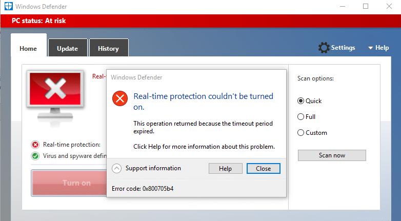Fix Window Defender Error 0x800705b4 (Windows Defender couldn't turn on real-time protection)