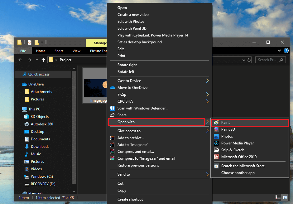 Hover your mouse on top of ‘Open with’ to launch a sub-menu. From the sub-menu, select ‘Paint’