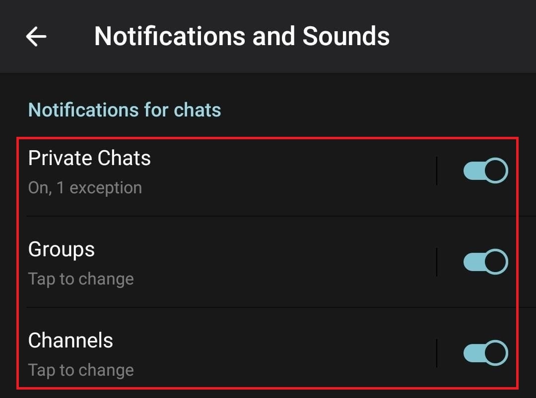In the Notifications for chats section, toggle on Private Chats, Groups, and Channels.