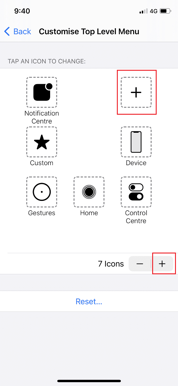 In this menu, tap any icon to allocate the Restart function to it