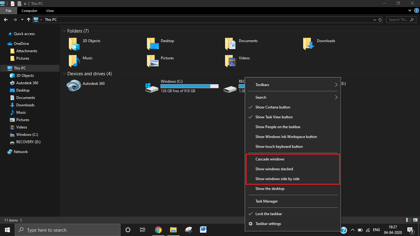 It contain three options to split your screen, namely, Cascade Windows, Show Windows stacked and Show windows side by side