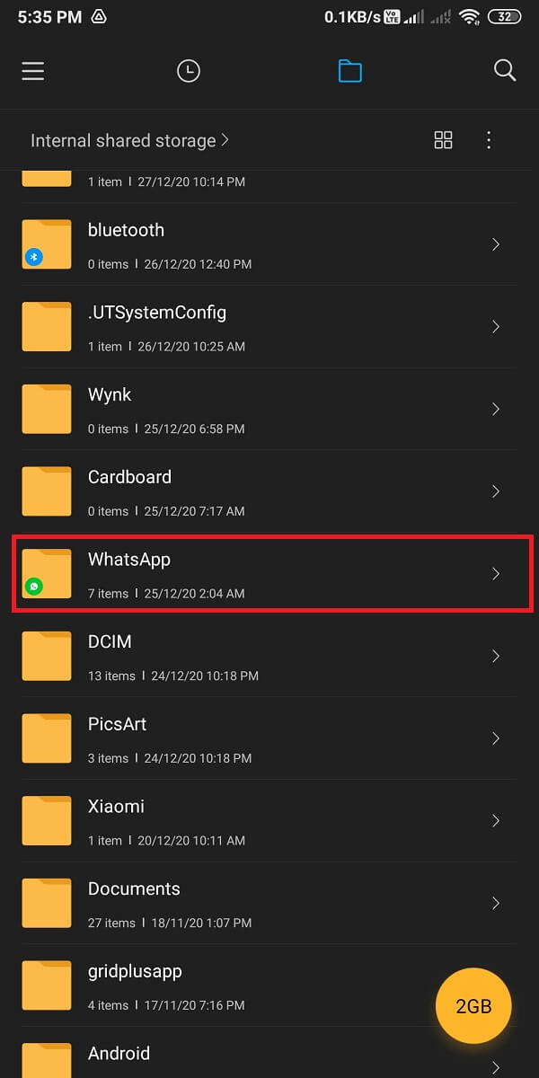 Locate the WhatsApp folder from your internal storage.
