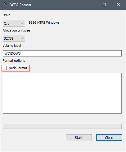 Make sure the “Quick Format” box below Format options is ticked