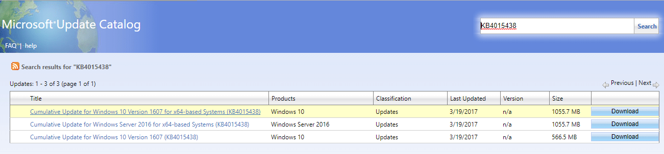 Manually download the update KB4015438 from Microsoft Update Catalog