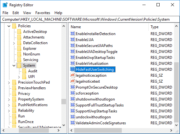 Name this newly created DWORD as HideFastUserSwitching and hit Enter