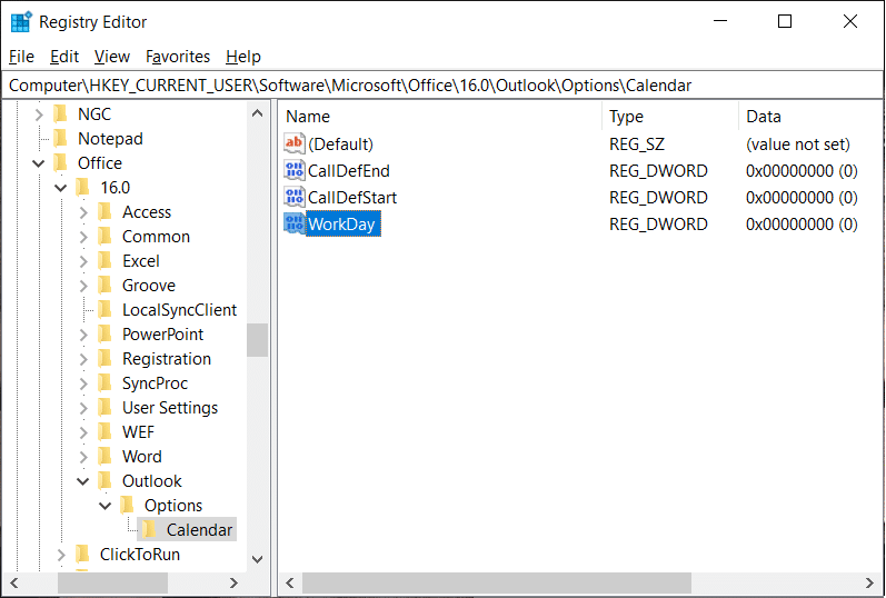 Navigate to Outlook then Options then Calendar in Registry Editor