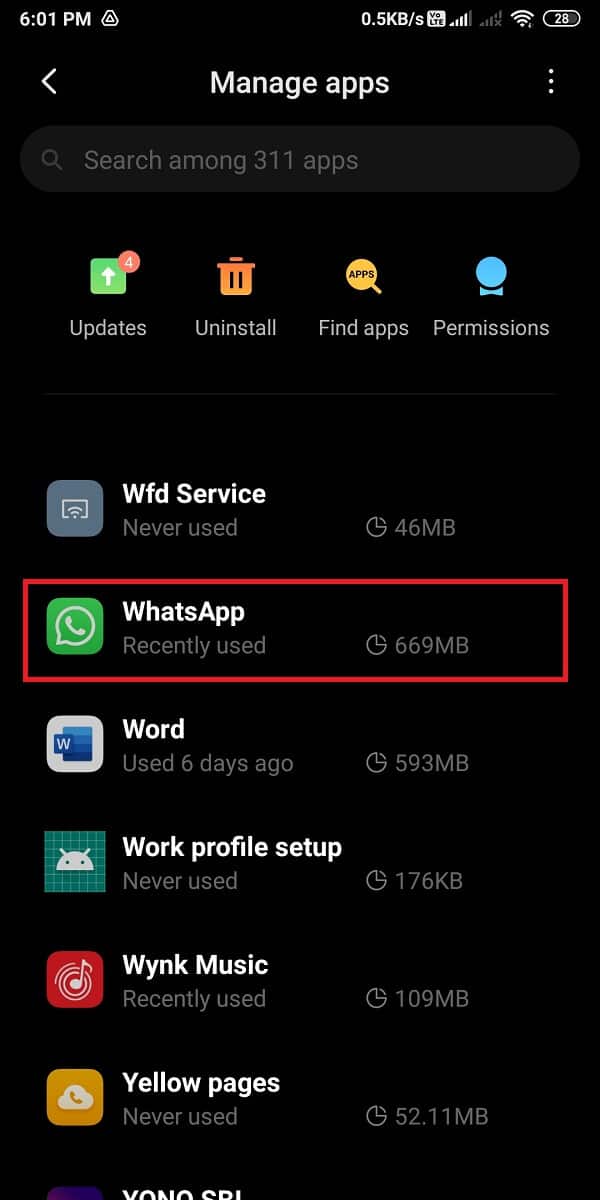 Navigate to WhatsApp from the list of applications.  | Fix Whatsapp Images Not Showing In Gallery