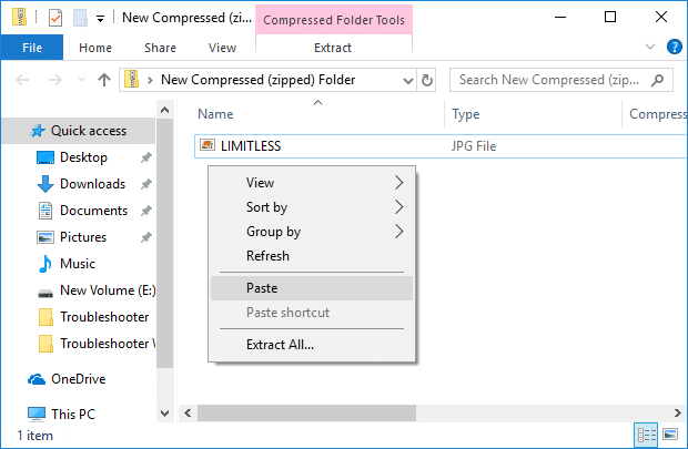 Now right-click in an empty area inside zip folder and select Paste