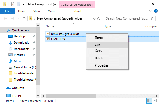 Right-click on the file or folder which you want to uncompress (unzip) and select Cut