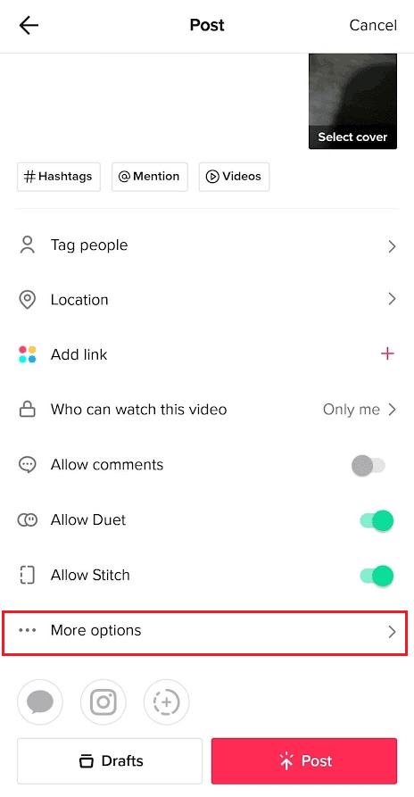 On the Post screen tap on More options