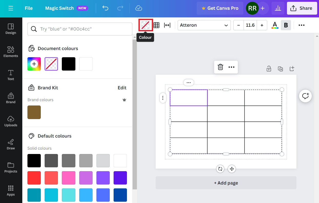 On the top right, click on the No Fill (Color) icon as shown | How to insert table in Canva