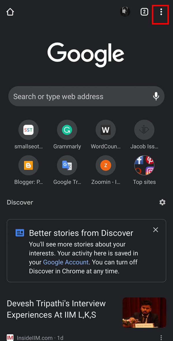 Open Chrome and tap on the three-dotted menu. | How to Delete Downloads on Android?