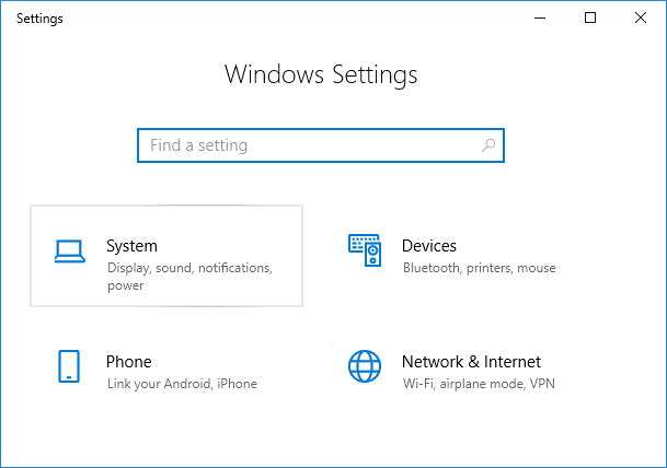 Press Windows Key + I to open Settings then click on System | Fix No Internet Connection after updating to Windows 10 Creators Update